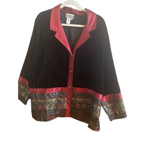 Coldwater Creek Holiday Woman's Jacket Black Velveteen Colorful Embroidery Sz 1X